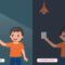 opposite adjective antonym words turn on and turn off illustration of little boy switch on and off the light explanation flashcard with text label vector 1