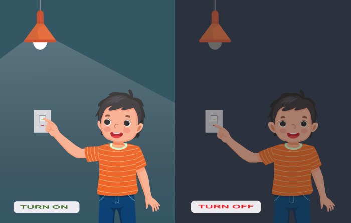 opposite adjective antonym words turn on and turn off illustration of little boy switch on and off the light explanation flashcard with text label vector 1